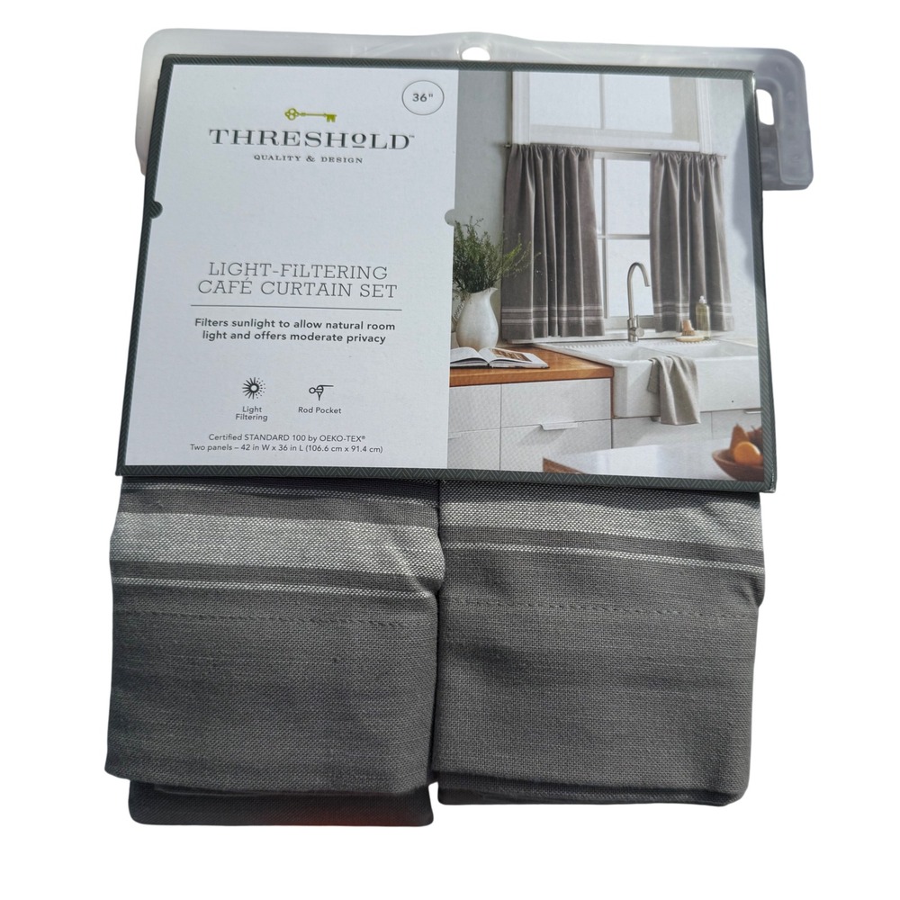Threshold Cafe Curtain Set Light Filtering Rod Pocket‎ Gray Stripe 42x36